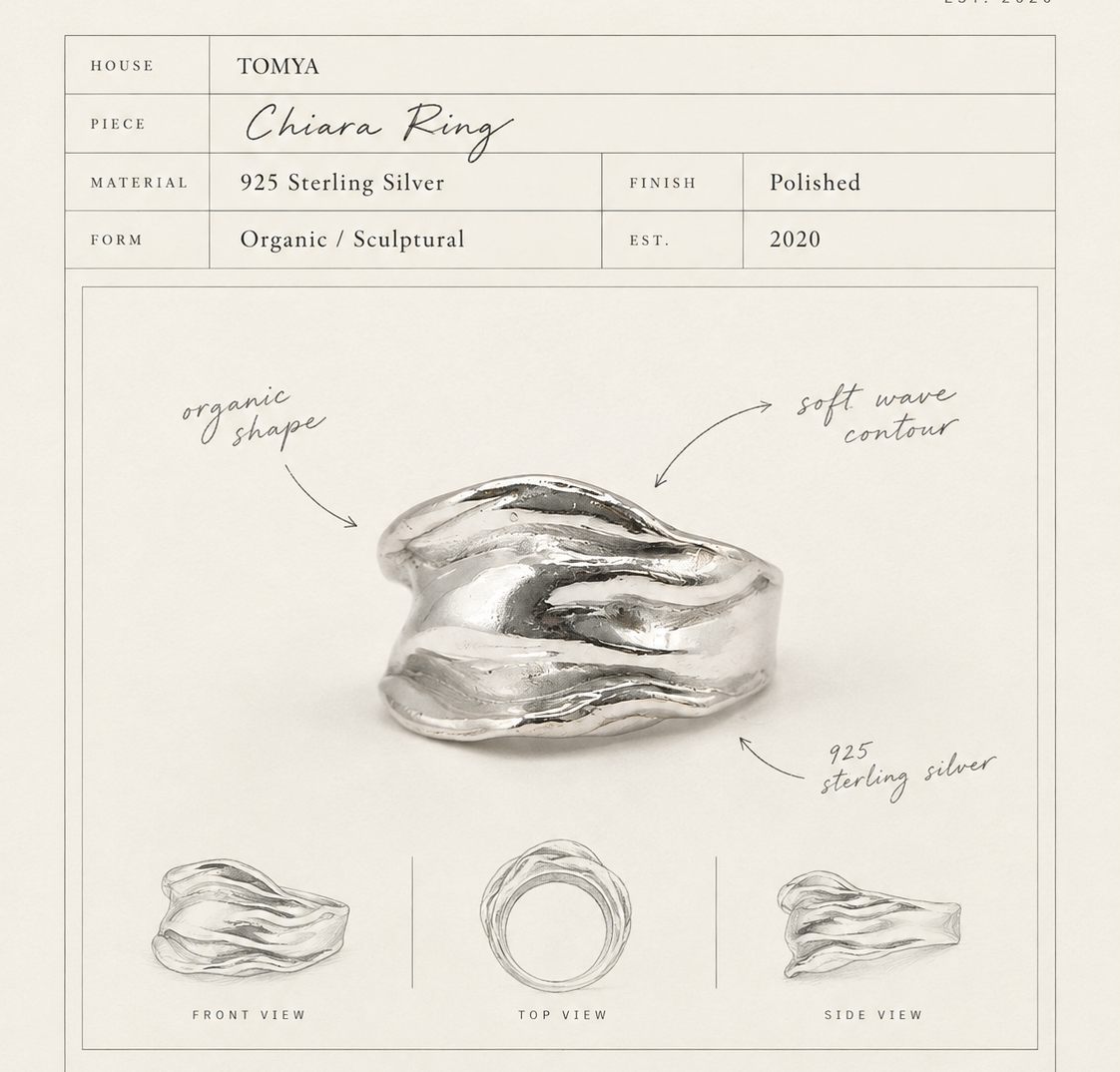 גיליון העיצוב של טבעת קיארה: טבלה עם House TOMYA, ‏Material 925 Sterling Silver, ‏Finish Polished, ‏Form Organic / Sculptural, ‏Est. 2020, וסקיצה של הטבעת עם הערות בכתב יד ומבטים מלפנים, מלמעלה ומהצד